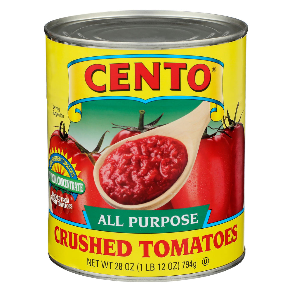 Cento Crushed Tomatoes 28oz can label shows non-concentrate quality for rich sauces.