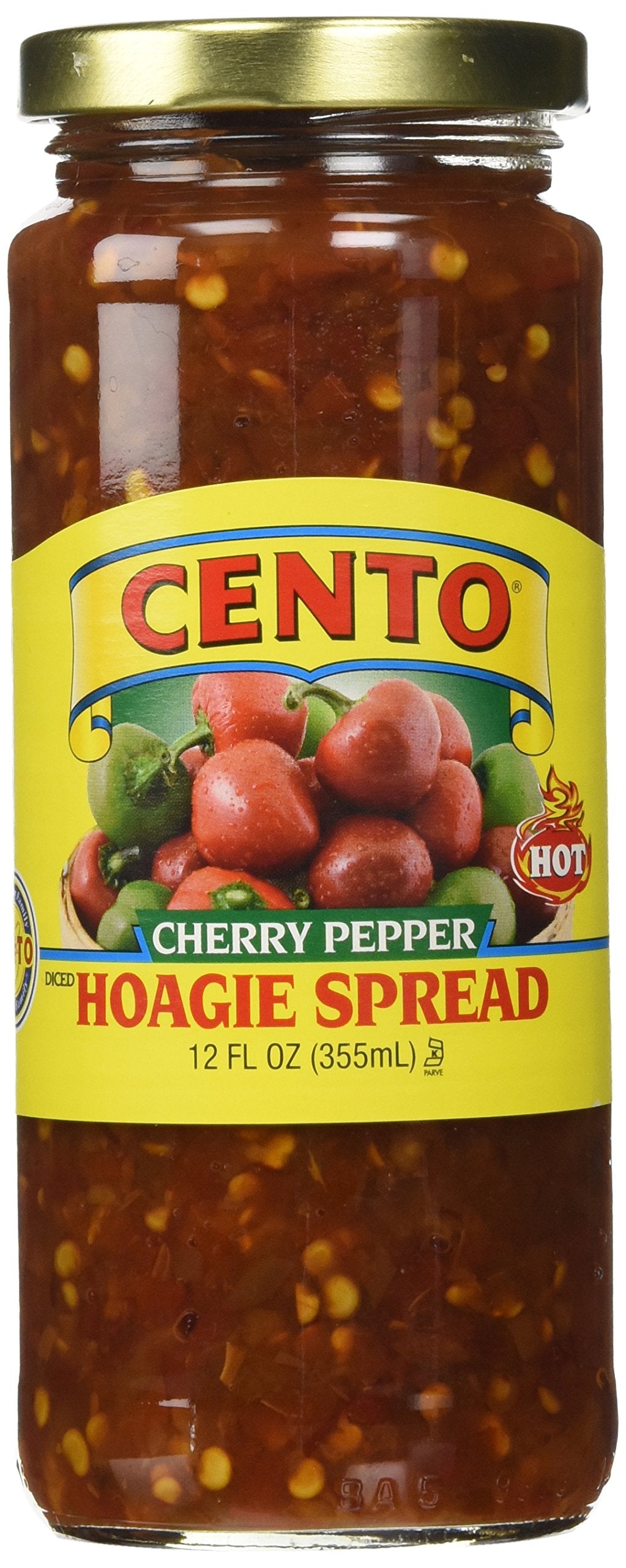 Cento Diced Hot Cherry Pepper spread jar shows bold peppers for zesty subs.