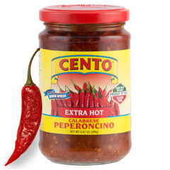 Cento Extra Hot Calabrese Peperoncino spread jar, bold Italian flavor for sandwiches.