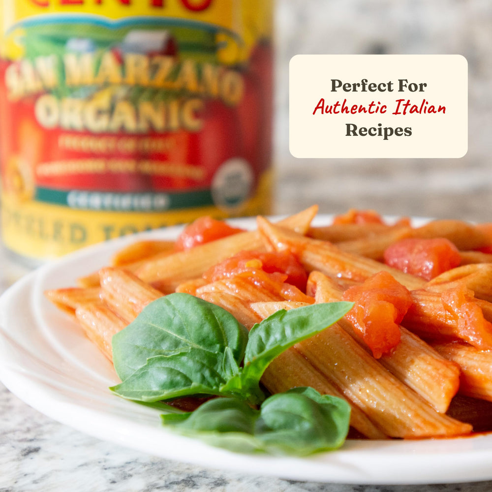 Organic Cento San Marzano tomatoes grown in Italy for certified quality.