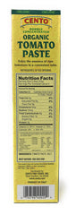 Cento organic tomato paste ingredients label close-up.