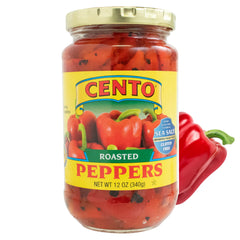 Cento Roasted Peppers jar on the counter for quick salads.
