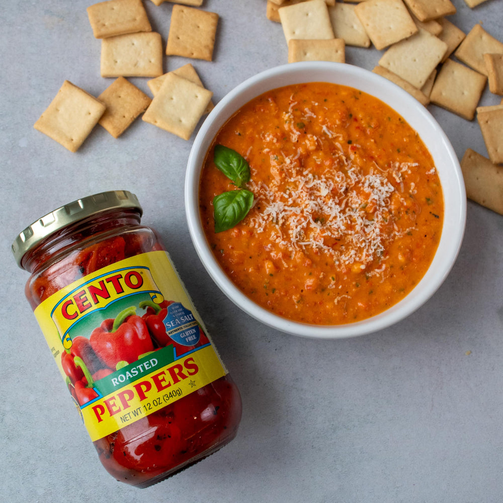 Cento Roasted Peppers label close-up signaling authentic Italian quality.