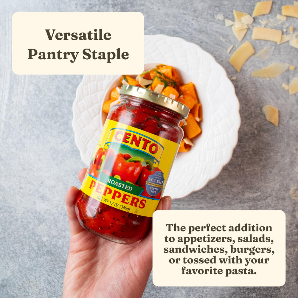 Cento Roasted Peppers open jar showing water-packed peppers ready to use.