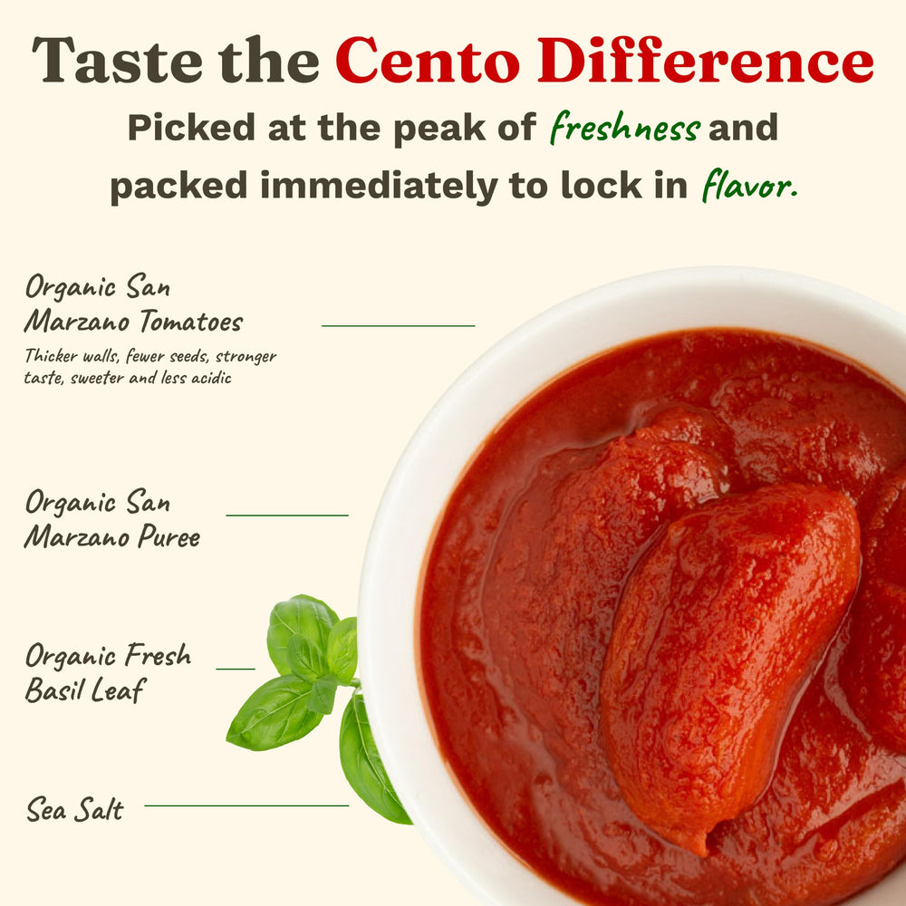 Cento San Marzano tomatoes harvested in Italian fields for authentic taste.