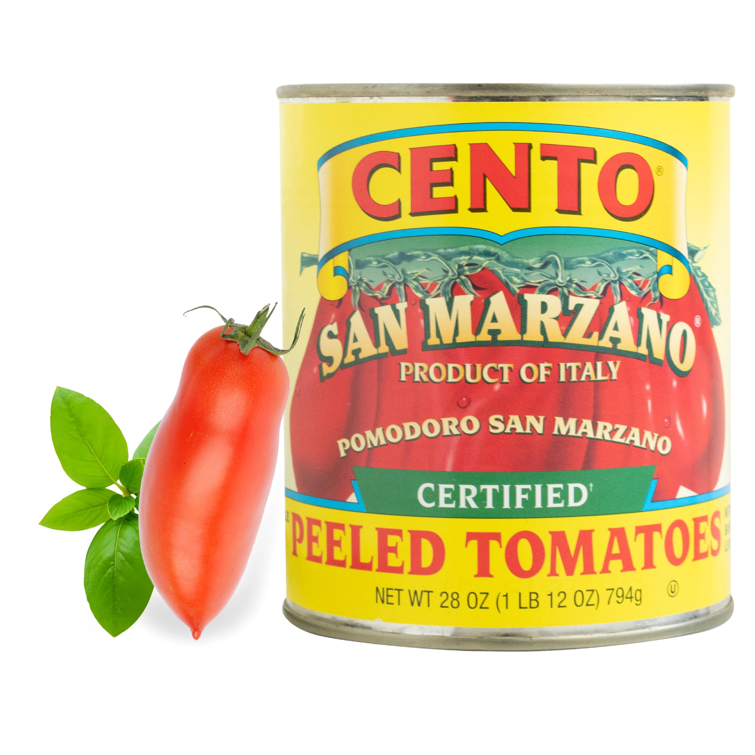 Cento San Marzano whole peeled tomatoes can with basil label for authentic sauces