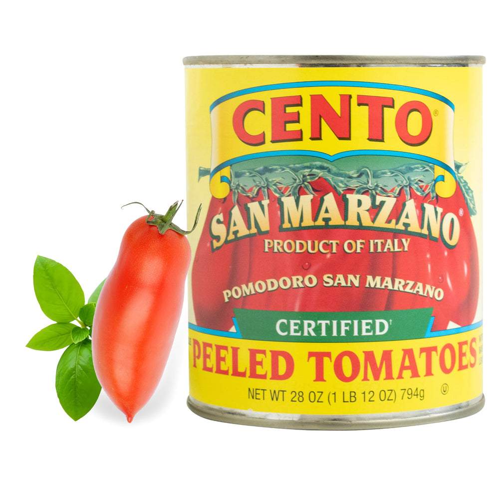 Cento San Marzano whole peeled tomatoes can with basil label for authentic sauces