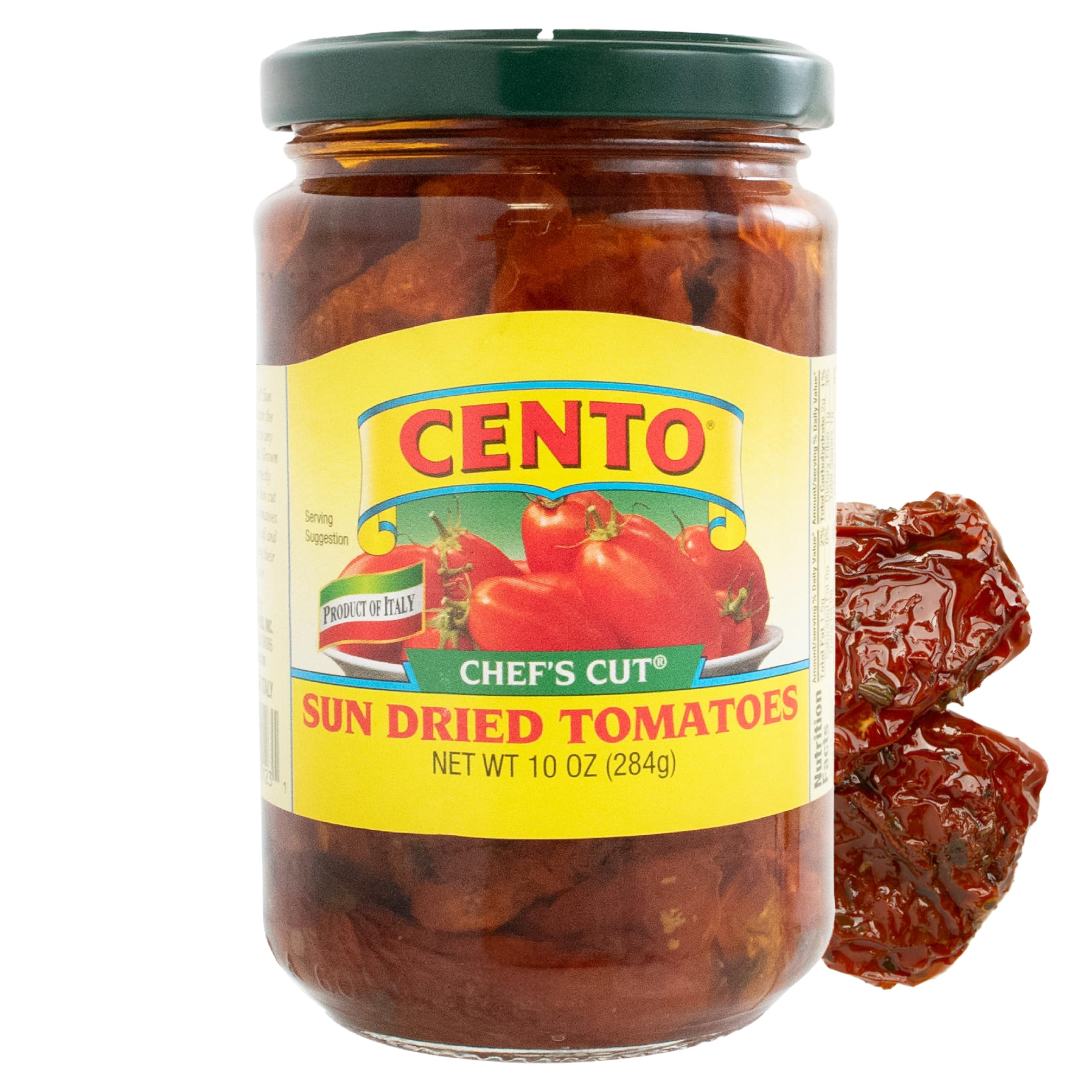 Cento sun-dried tomatoes in oil and spices on a platter for antipasto flavor