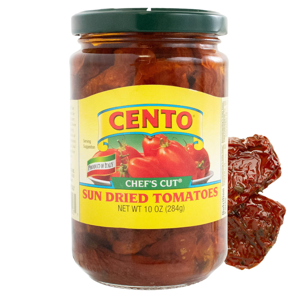Cento sun-dried tomatoes in oil and spices on a platter for antipasto flavor