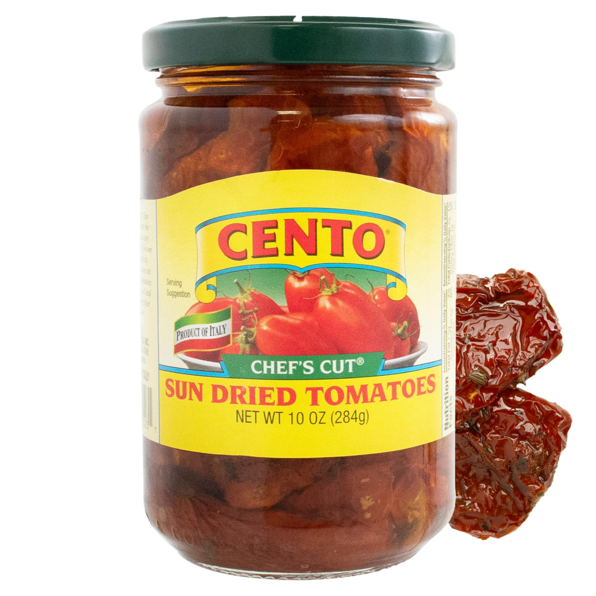 Cento sun-dried tomatoes in oil and spices on a platter for antipasto flavor