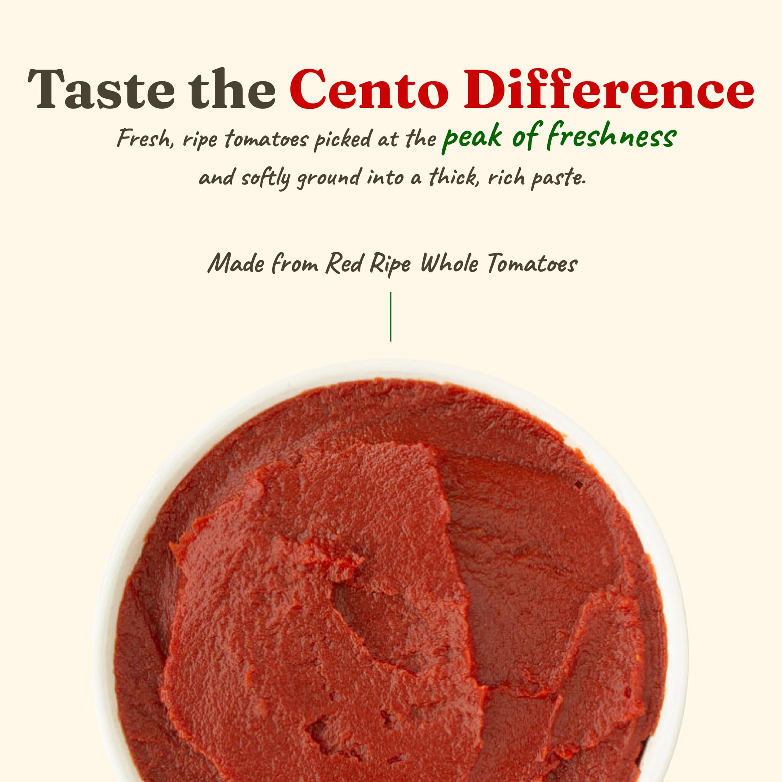 Cento Tomato Paste label detail emphasizing quality from fresh tomatoes