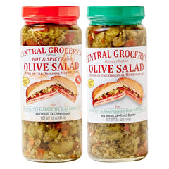 Central Grocery Hot Olive Salad jar enhances muffuletta sandwiches with bold flavor.