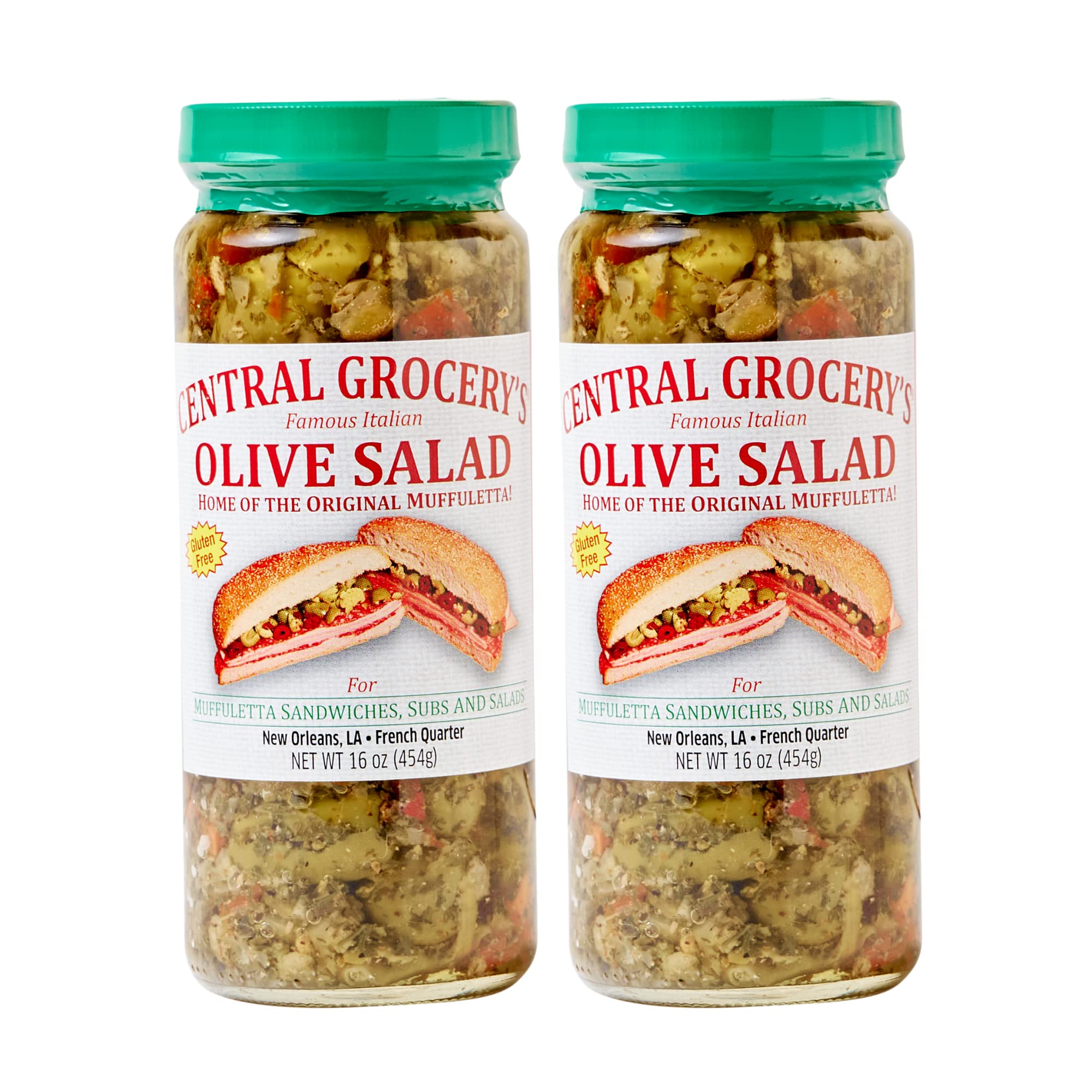 Central Grocery Olive Salad jar close-up, ideal for classic muffuletta sandwiches.