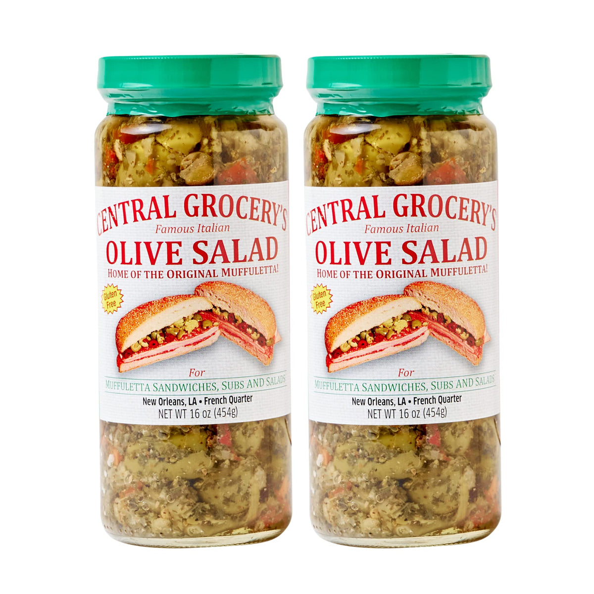 Central Grocery Olive Salad jar close-up, ideal for classic muffuletta sandwiches.