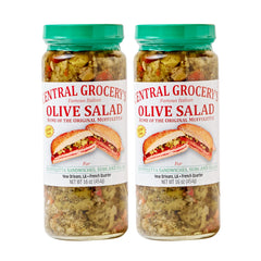 Central Grocery Olive Salad jar close-up, ideal for classic muffuletta sandwiches.