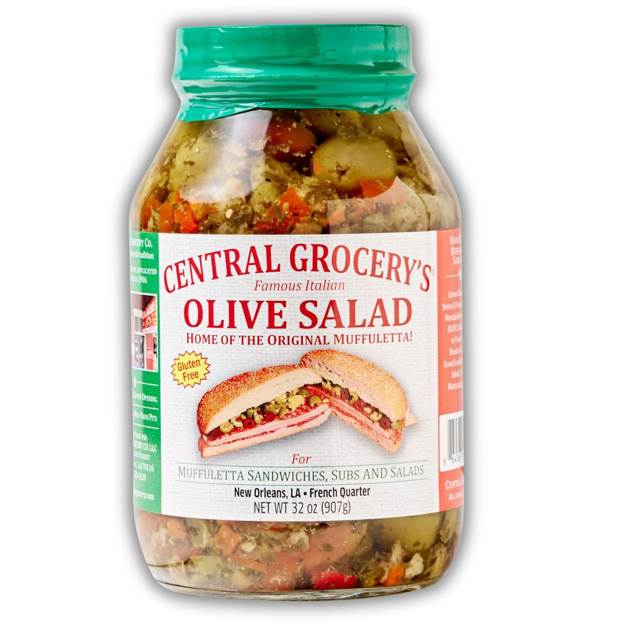 Central Grocery Olive Salad jar shown as a base for muffuletta sandwiches.