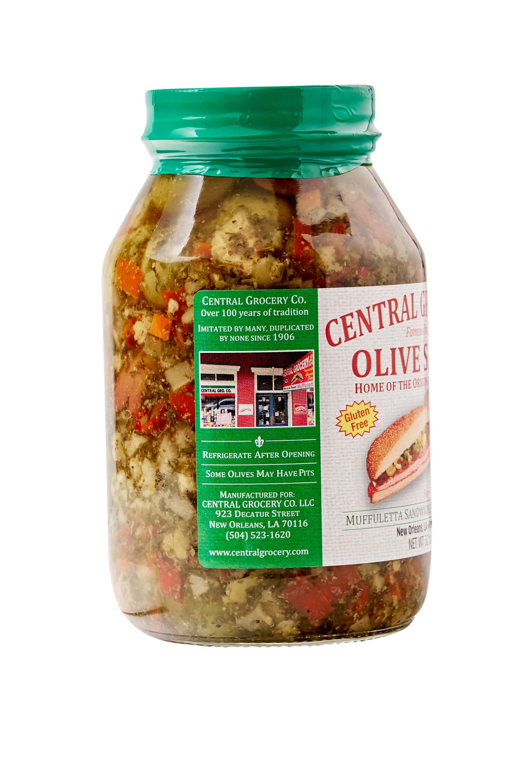 Central Grocery Olive Salad label closeup highlighting olives and pimentos.