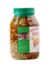 Central Grocery Olive Salad label closeup highlighting olives and pimentos.