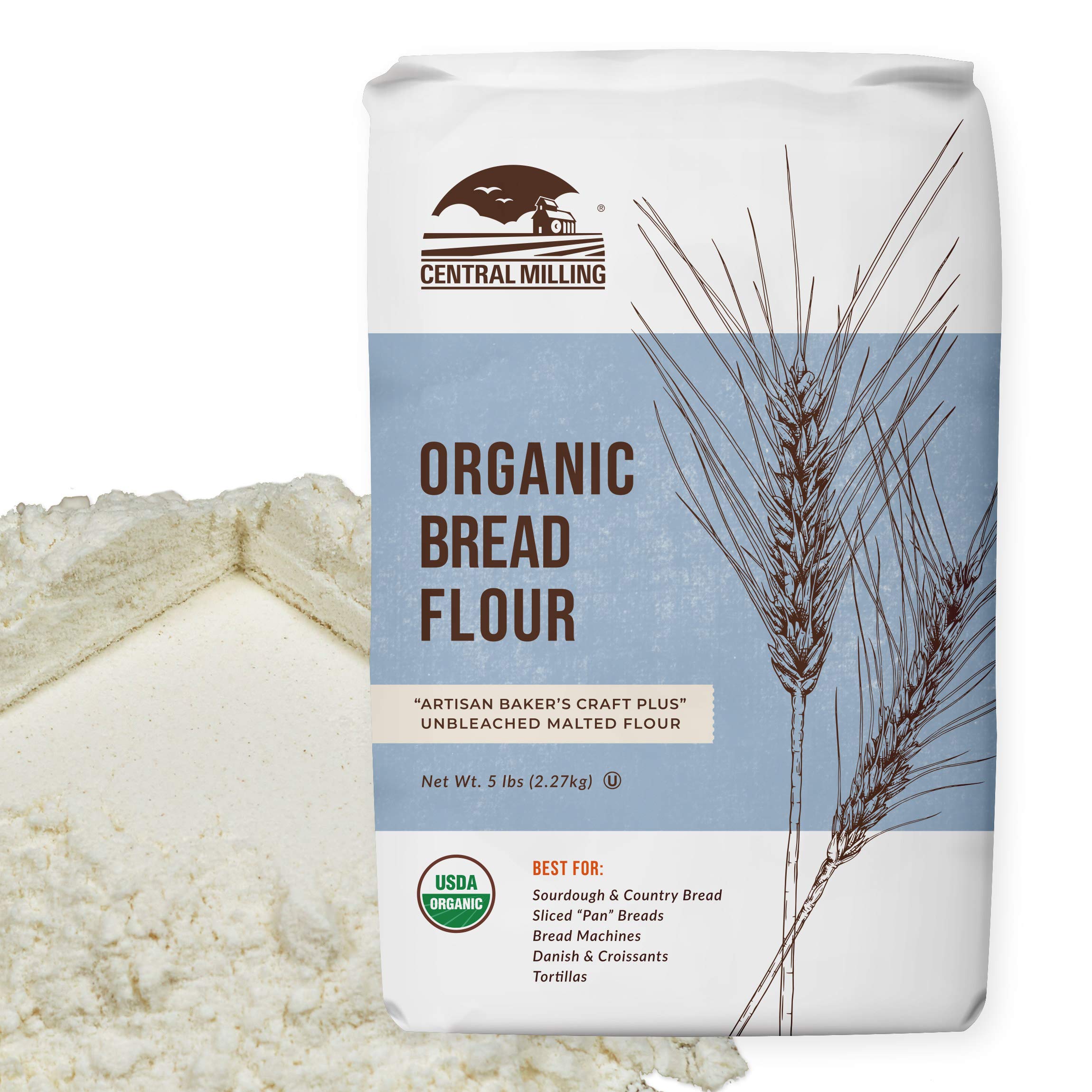 CENTRAL MILLING 100% Organic Bread Flour 5 lb bag on kitchen counter for home baking