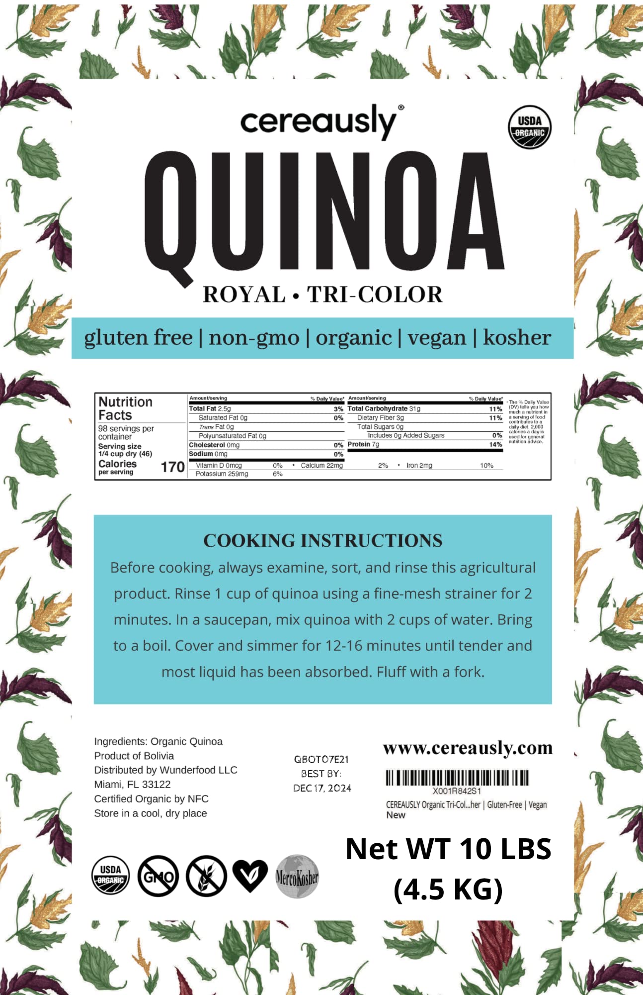 Cereausly Organic Tri-Color Quinoa bulk 4lb bag supports easy cooking and bulk value.