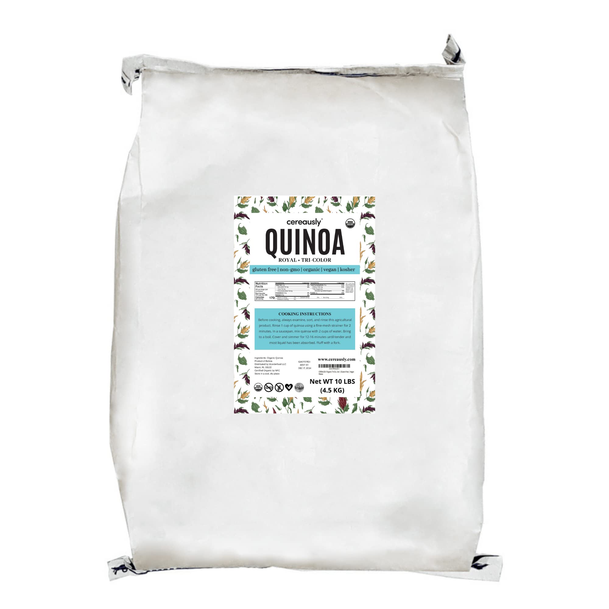 Cereausly Organic Tri-Color Quinoa front pack 10lb for versatile, protein-rich meals.