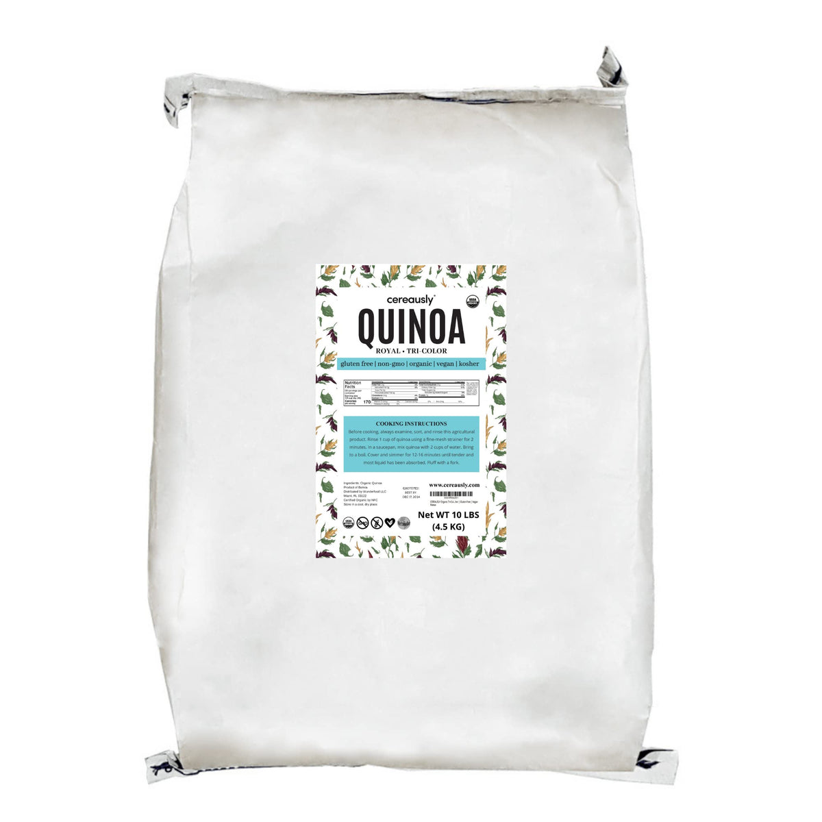 Cereausly Organic Tri-Color Quinoa front pack 10lb for versatile, protein-rich meals.