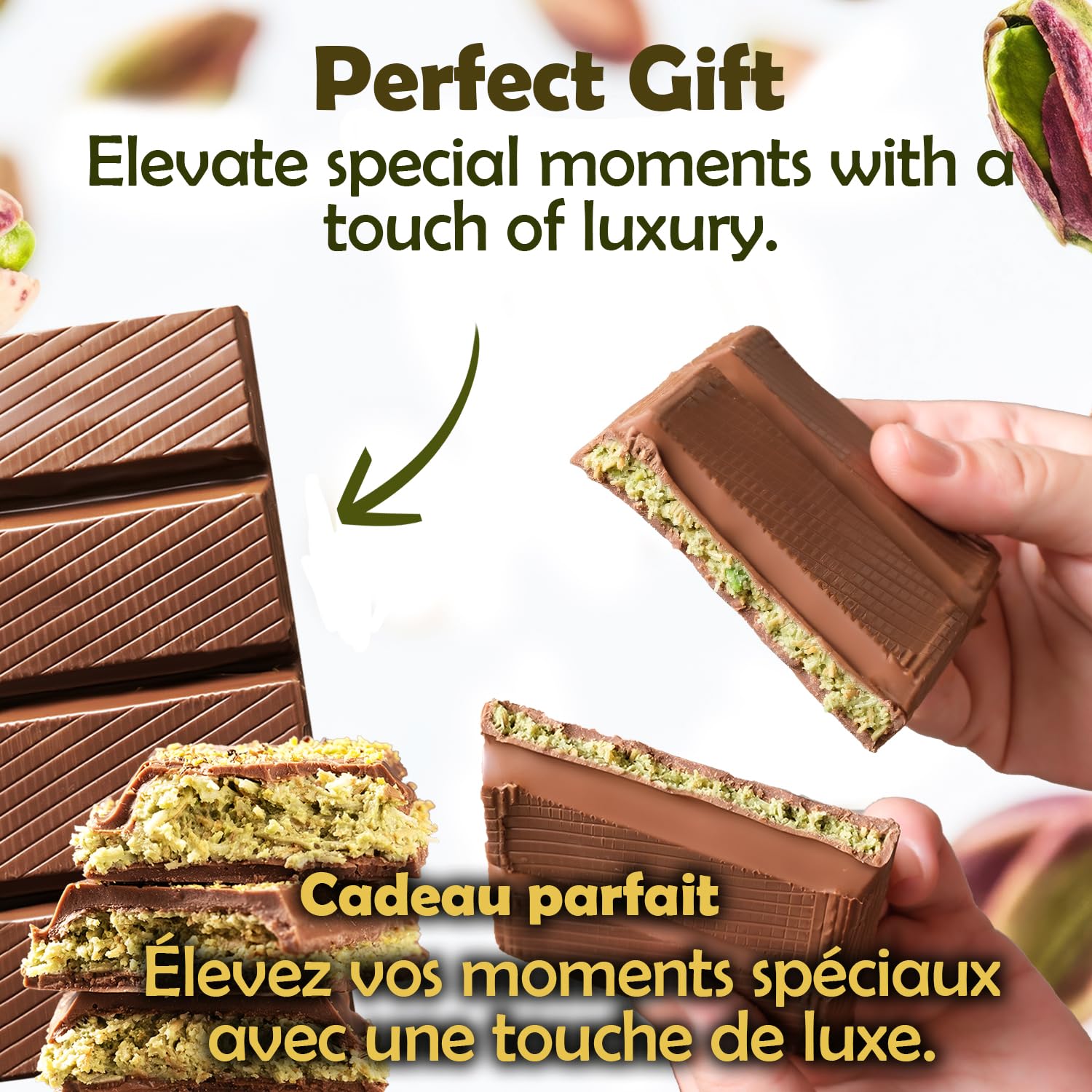Sliced bar plated to show balance of cream, crunch, and chocolate.