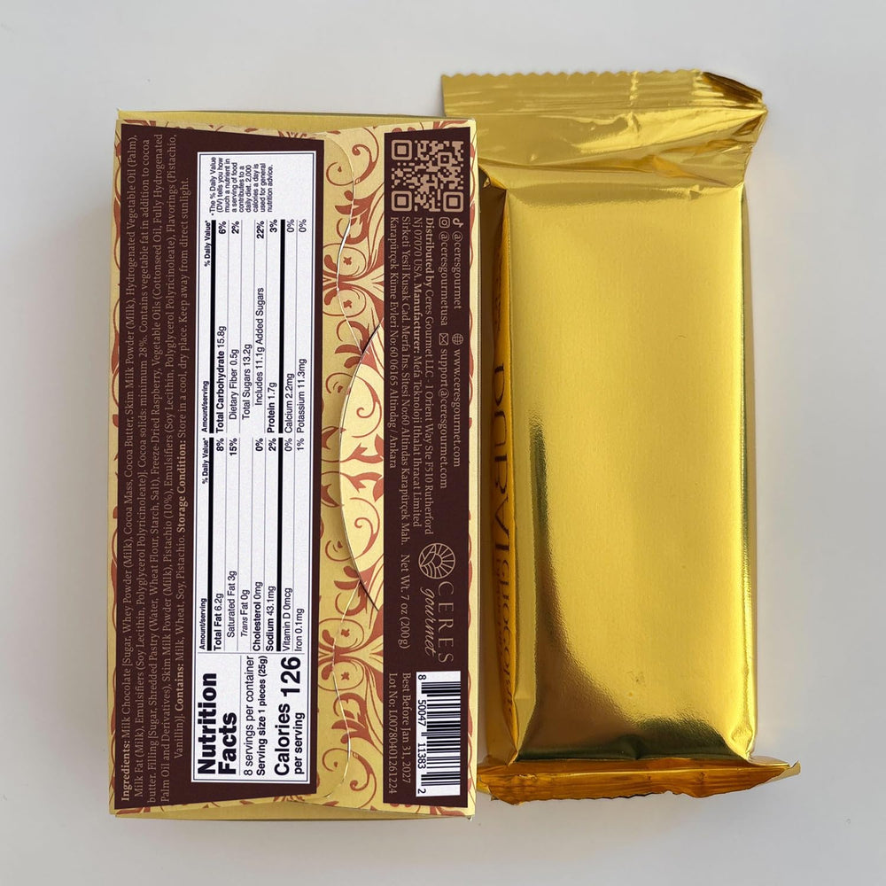 Ceres Gourmet Dubai Crispy Knafeh Bar daily-shipment label signals freshness and quick delivery.
