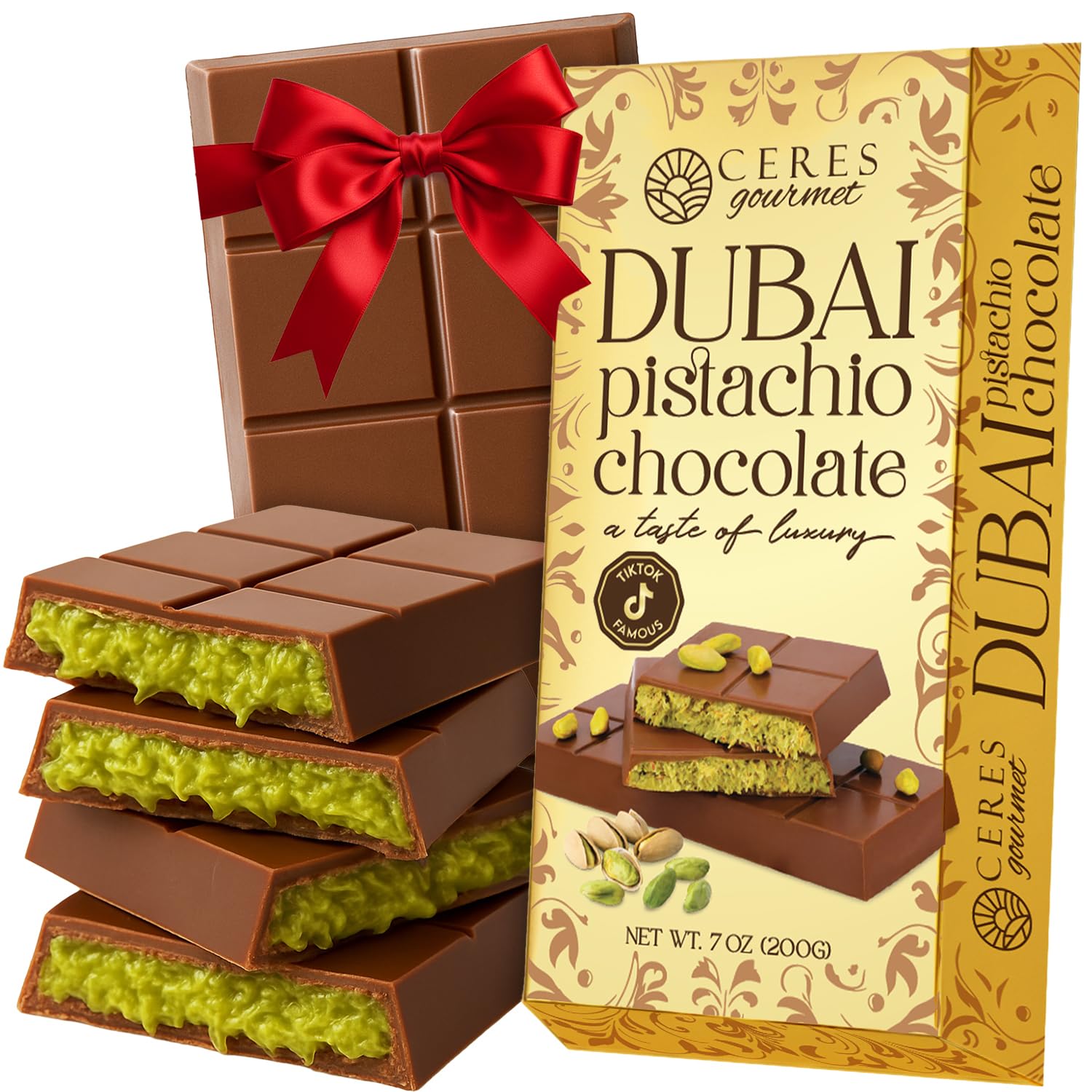 Ceres Gourmet Dubai Crispy Knafeh Bar packaging highlights premium gift-ready presentation.