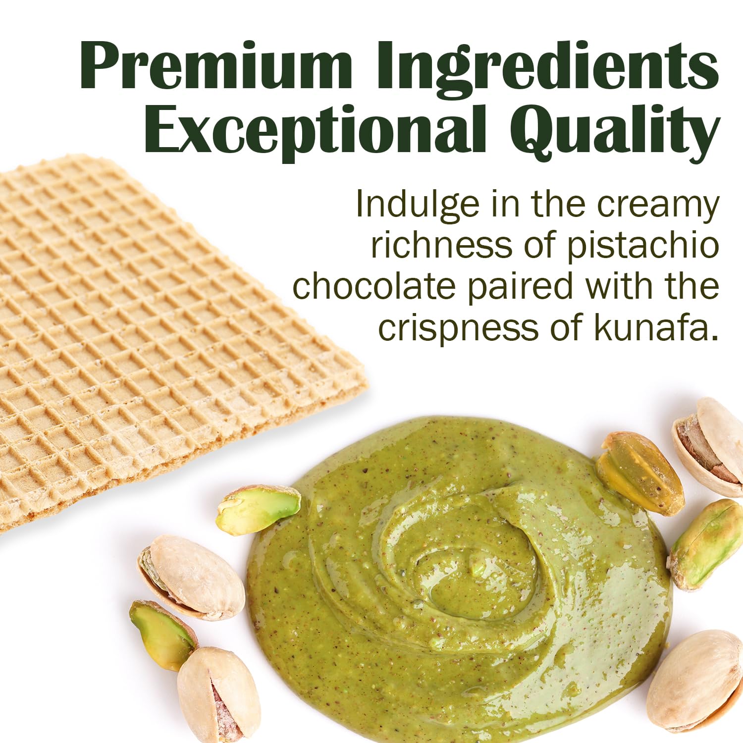 Ceres Gourmet Dubai Pistachio Wafer bite capturing creamy pistachio filling.
