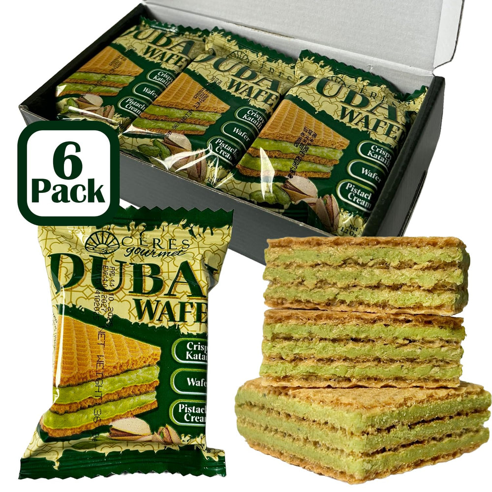 Ceres Gourmet Dubai Pistachio Wafer close-up with rich aroma and glossy chocolate.