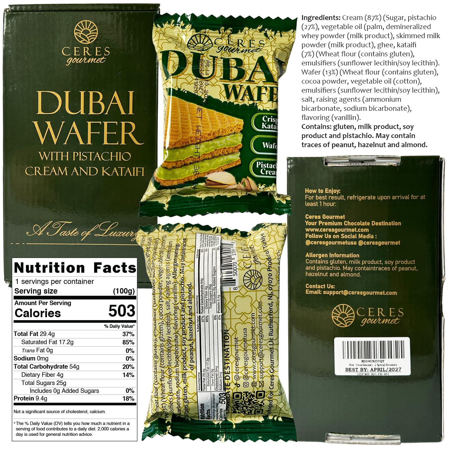 Ceres Gourmet Dubai Pistachio Wafer individually wrapped portions for freshness on the go.