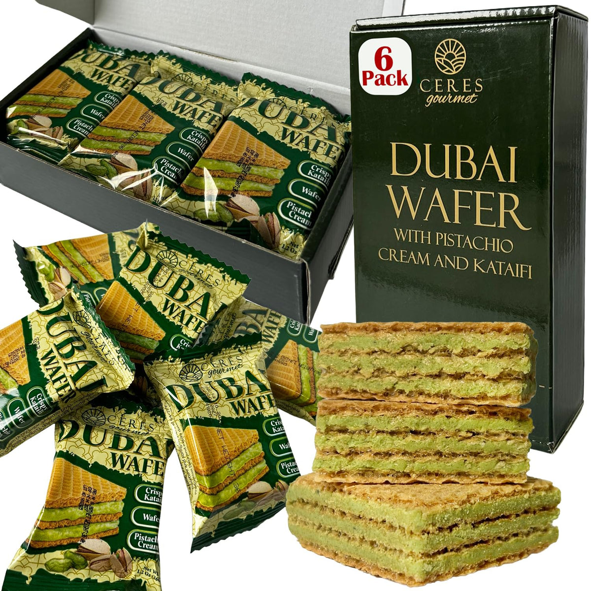 Ceres Gourmet Dubai Pistachio Wafer pack: six gift-ready pieces for celebrations.
