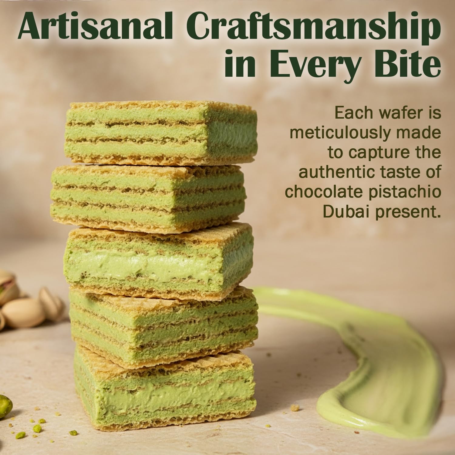 Ceres Gourmet Dubai Pistachio Wafer packaging stack highlighting premium design.