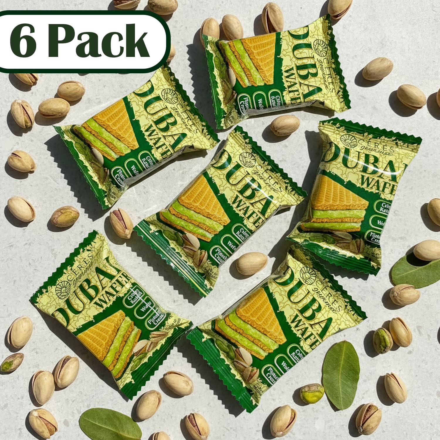 Ceres Gourmet Dubai Pistachio Wafer close-up showing pistachio cream detail and premium filling.