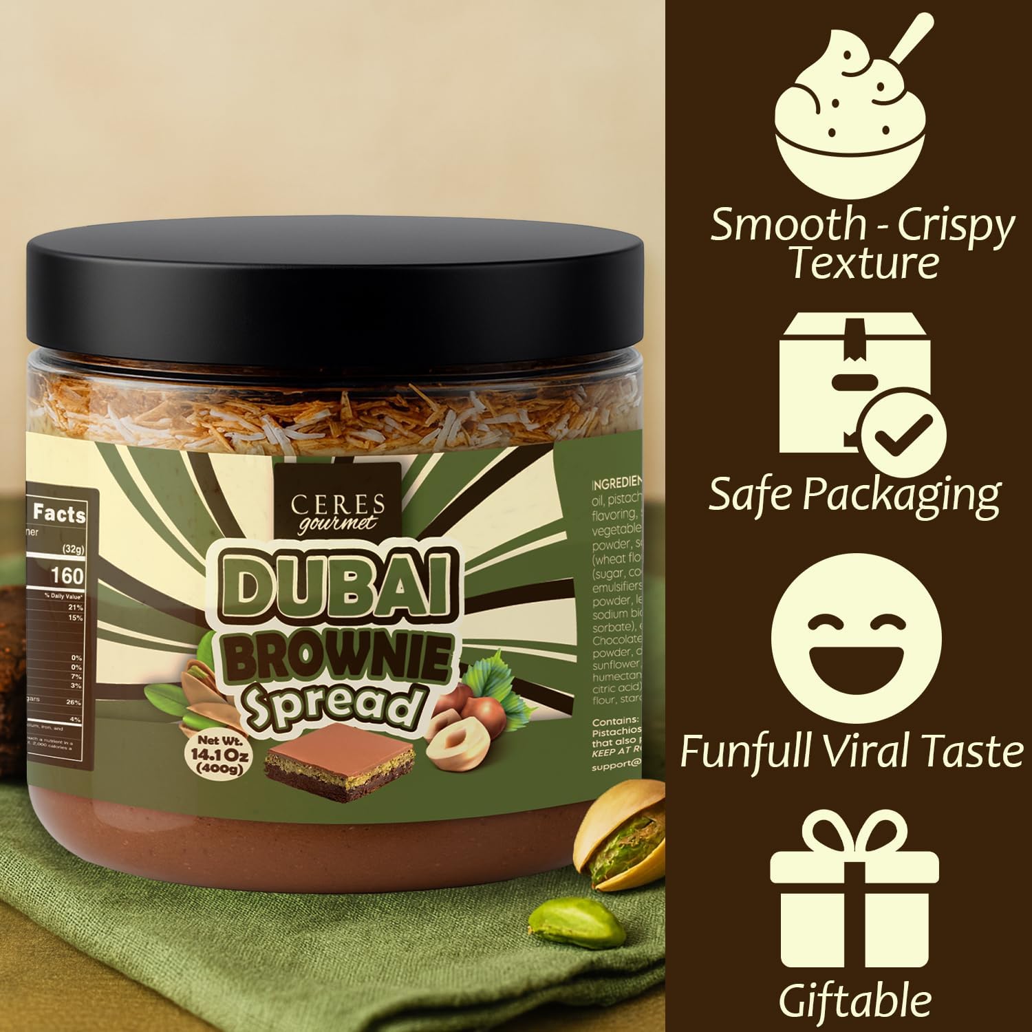 Ceres Gourmet pistachios and cocoa layers create balanced flavor