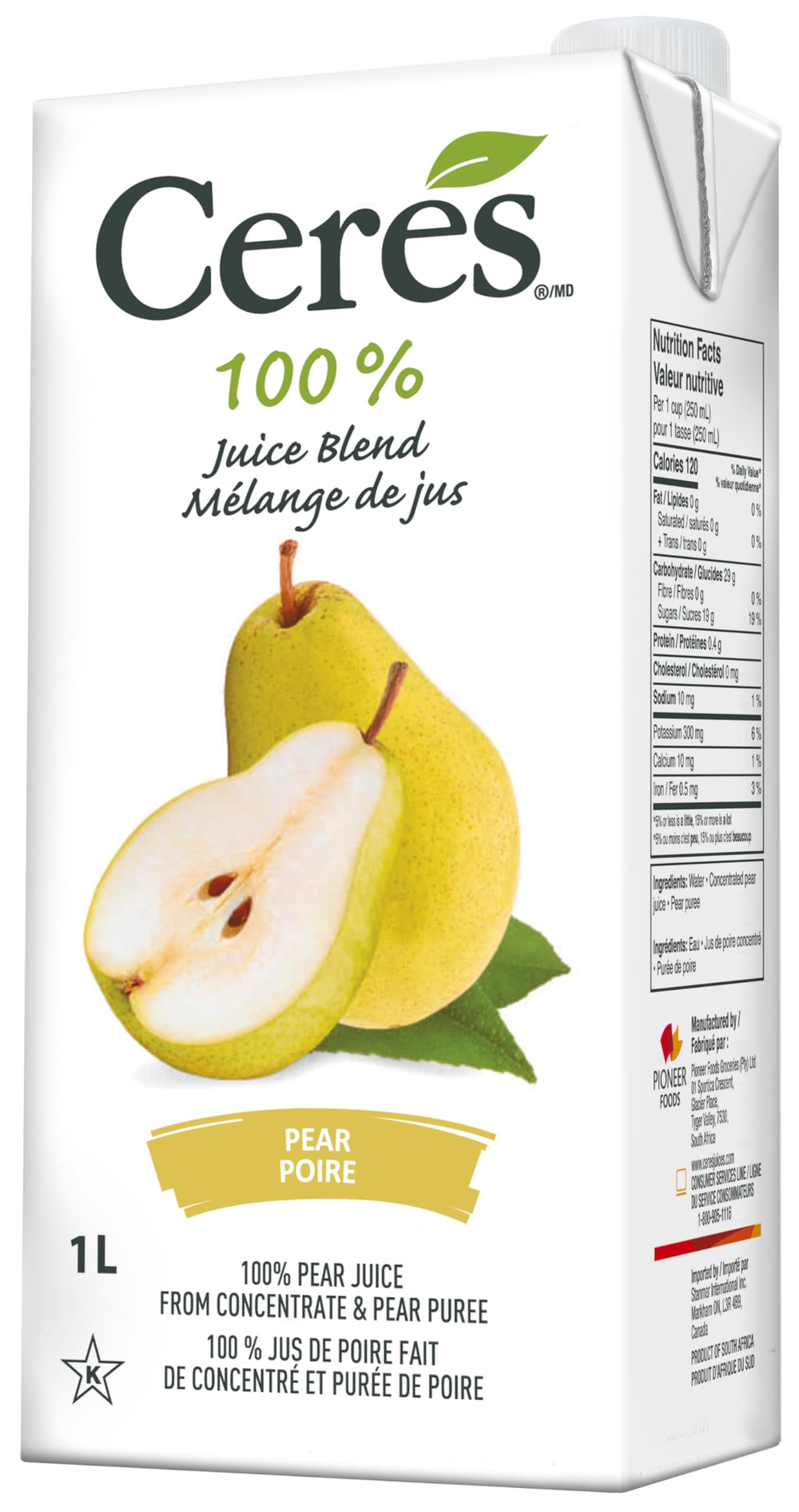 Ceres pear juice packaging display emphasizing gluten-free and sugar-free options