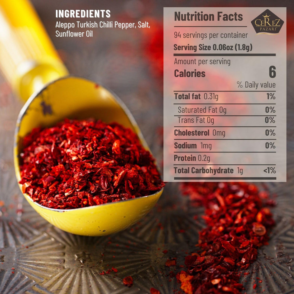 Cerez Pazari Aleppo Pepper flakes close-up showing flaky texture and vibrant red color
