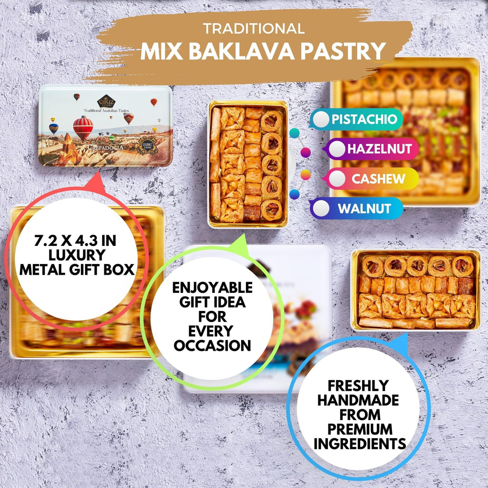 Cerez Pazari baklava gift tin embossed elegantly, ideal for special occasions