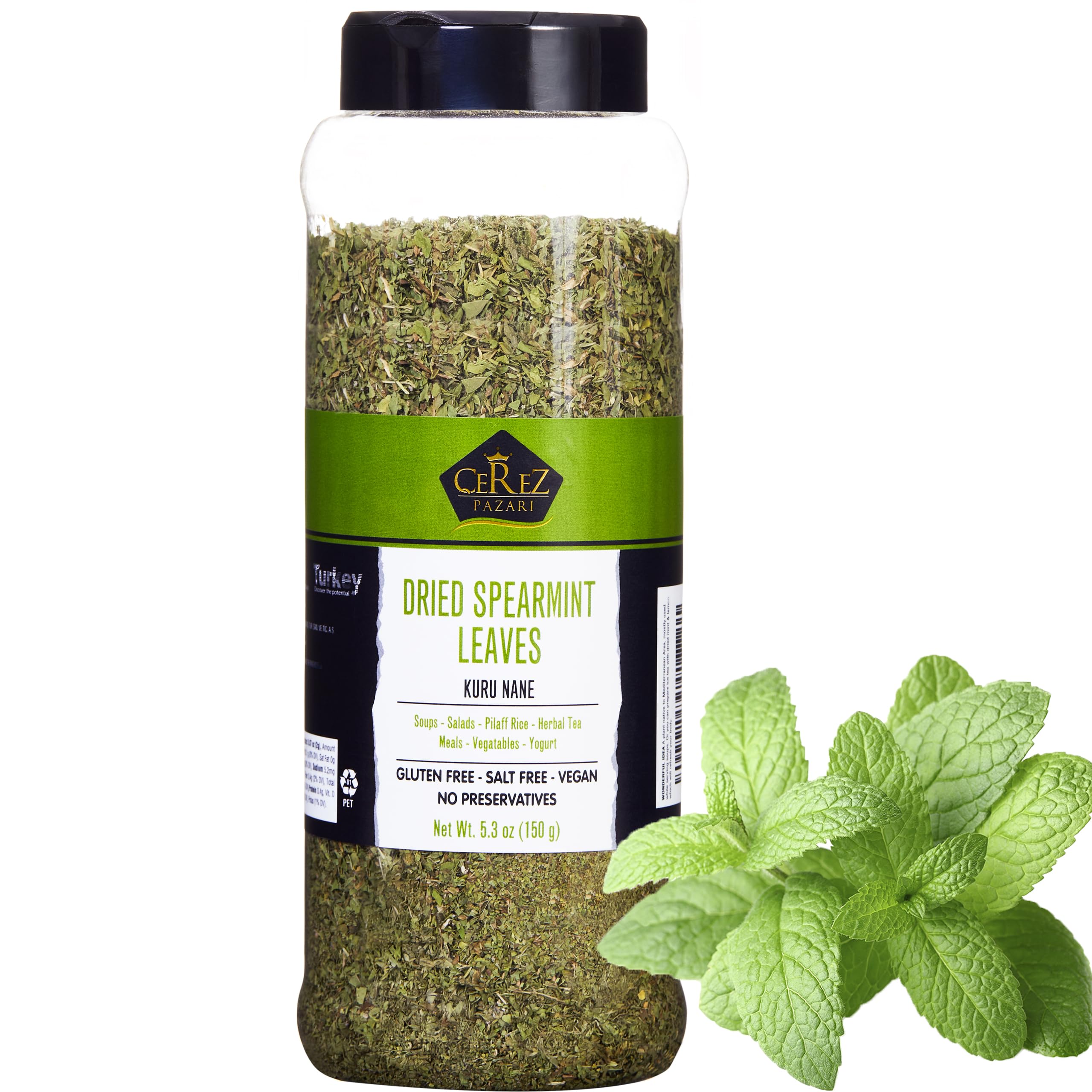 Cerez Pazari dried spearmint leaves closeup in 150g pack with fresh aroma