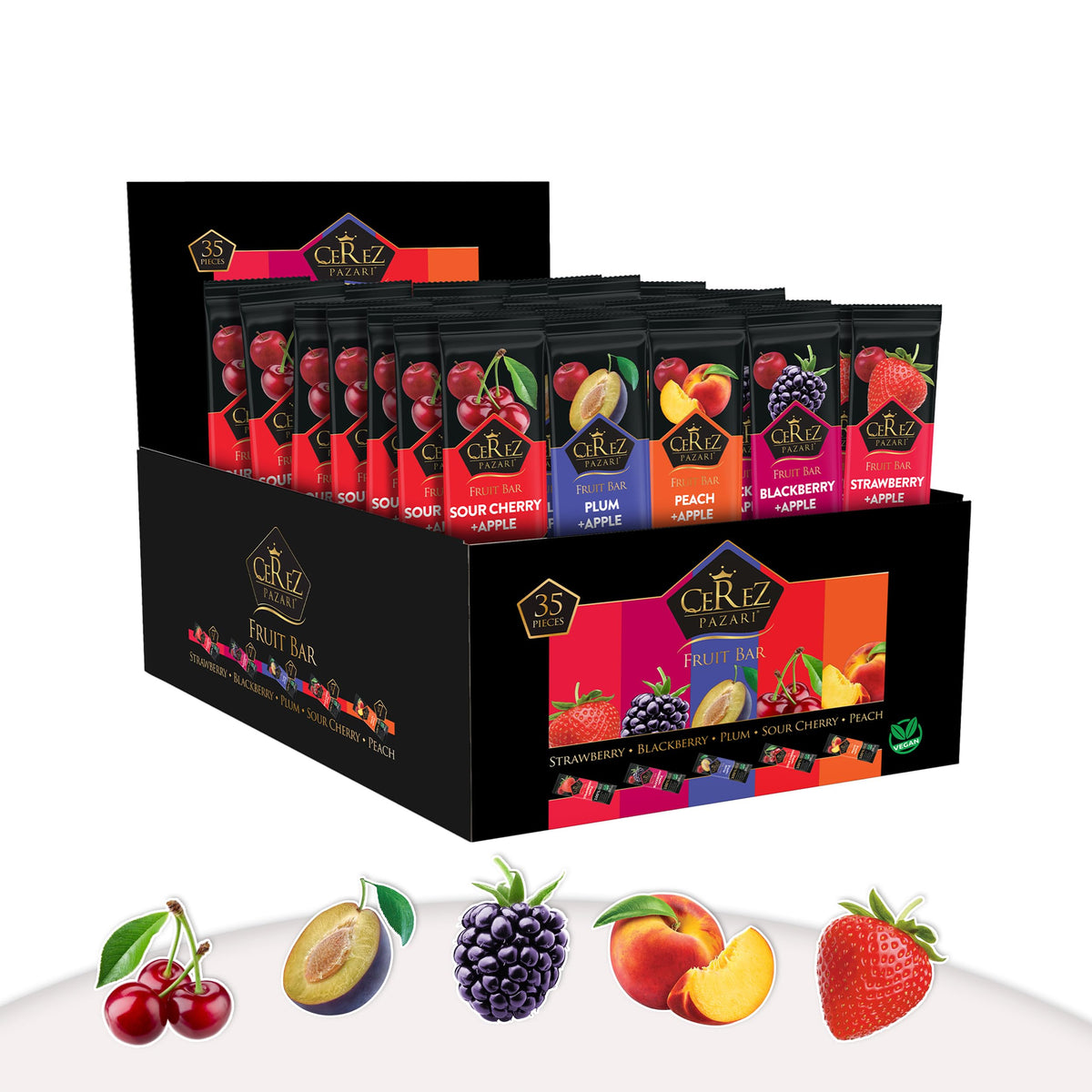 Cerez Pazari fruit leather variety pack display with colorful bars for all ages