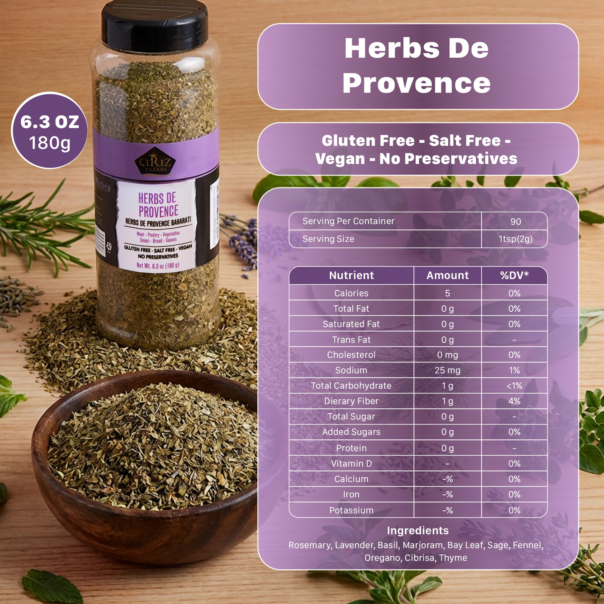 Cerez Pazari Herbs de Provence jar close-up shows vibrant herbs for seasoning.
