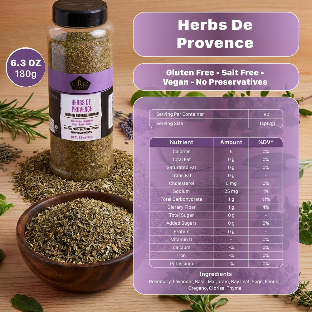 Cerez Pazari Herbs de Provence jar close-up shows vibrant herbs for seasoning.