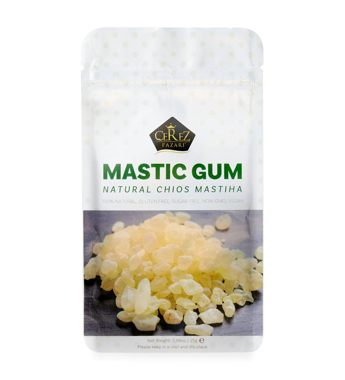 Çerez Pazarı mastic gum packaging in a resealable 25g bag highlighting freshness