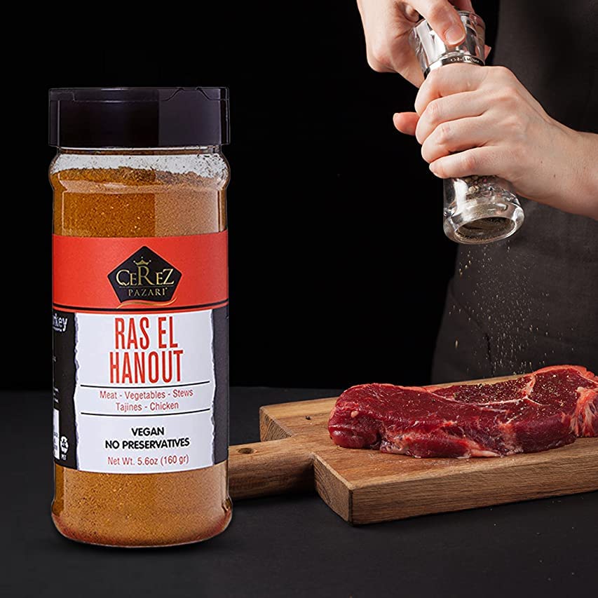 Cerez Pazari Ras El Hanout spice bottle on shelf emphasizes premium quality and authentic Moroccan flavors.