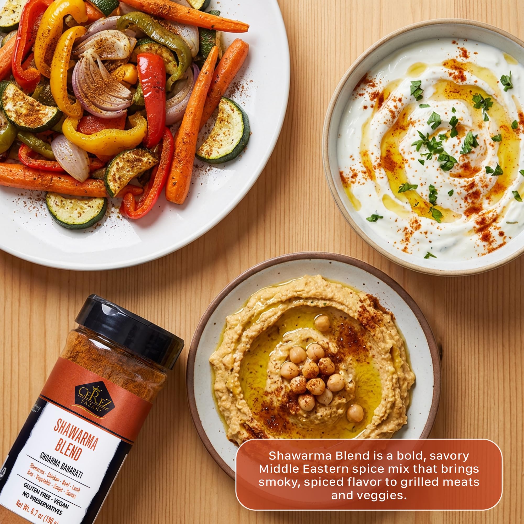 Çerez Pazarı Shawarma Spice Blend dish with grilled vegetables and bowls