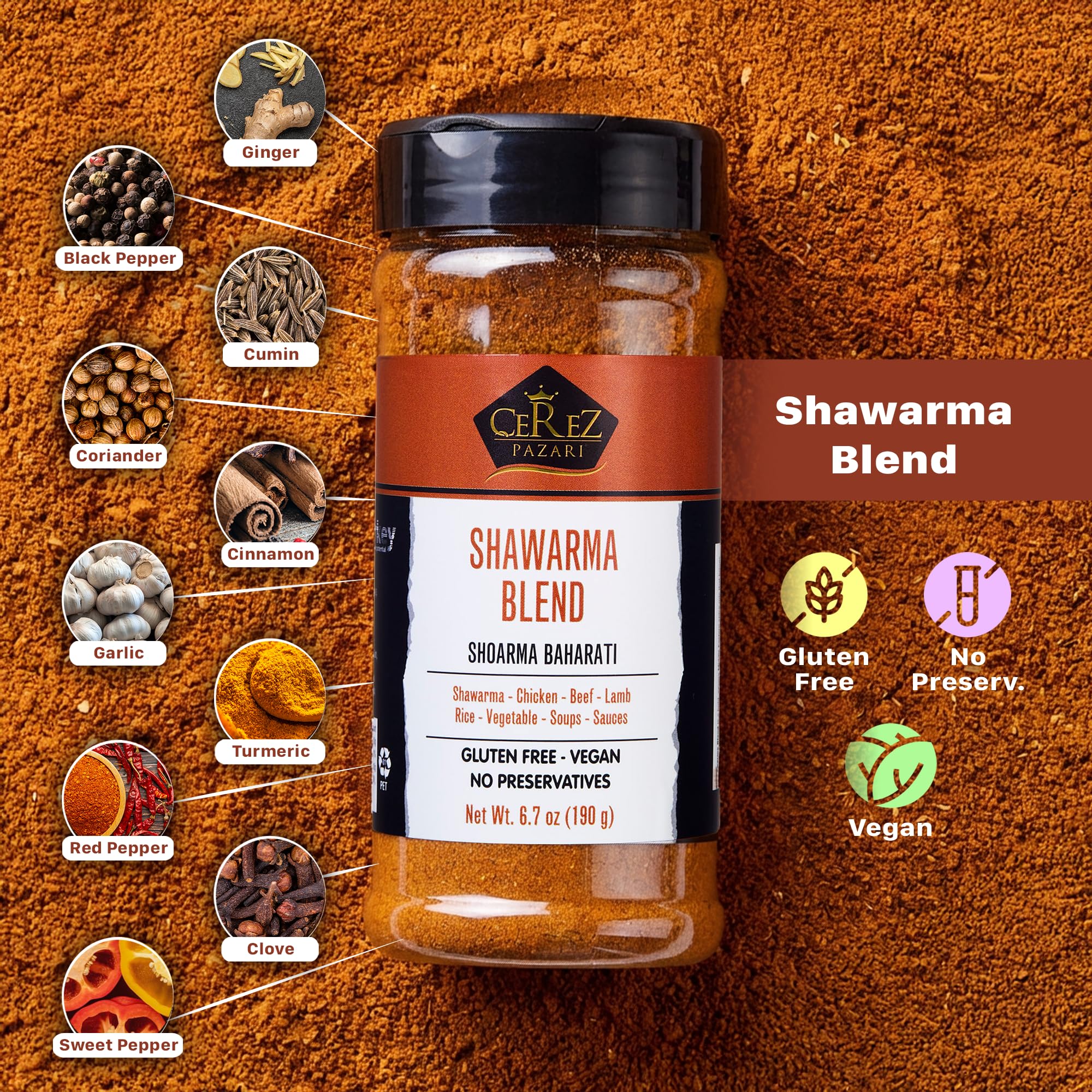 Çerez Pazarı Shawarma Spice Blend jar with lid highlighting packaging