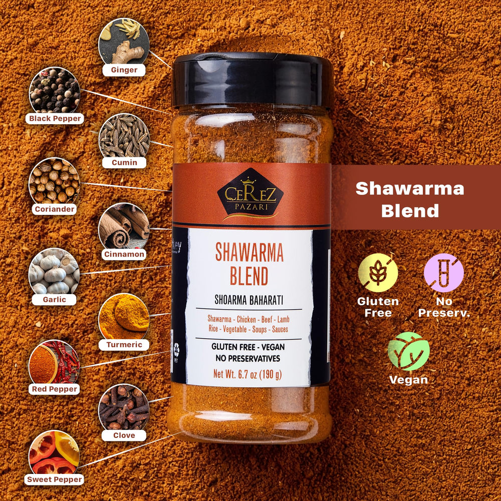 Çerez Pazarı Shawarma Spice Blend jar with lid highlighting packaging