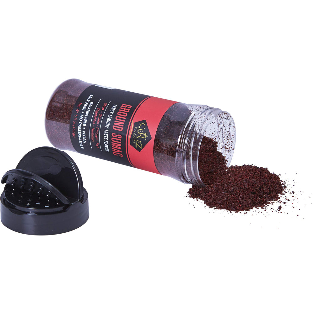 Çerez Pazarı sumac spice powder cap closeup shows a practical cap for controlled sprinkling.