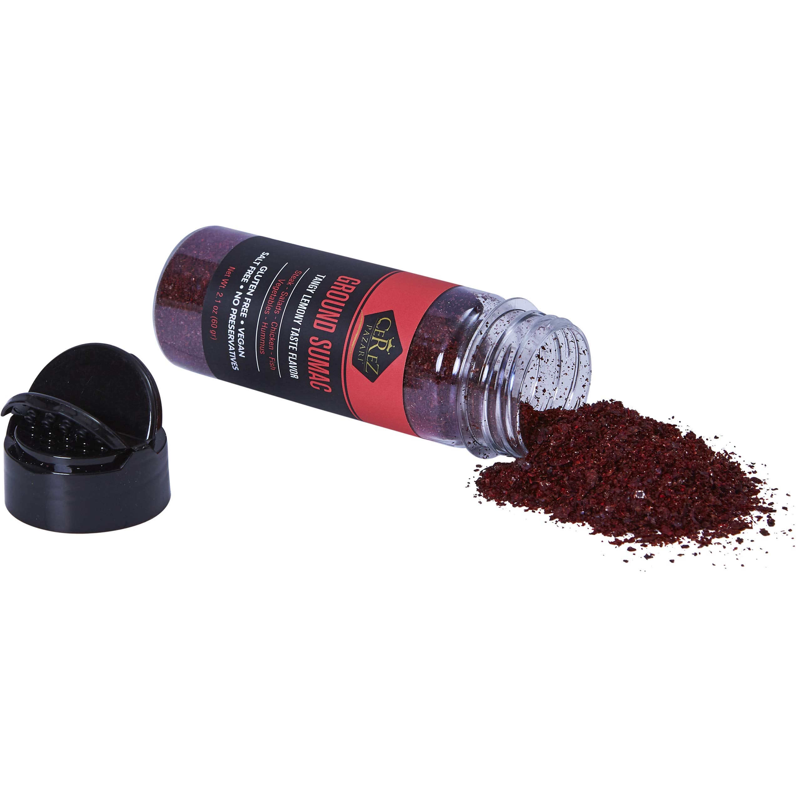 Cerez Pazari sumac spice powder pour shows easy sprinkling for salads and marinades